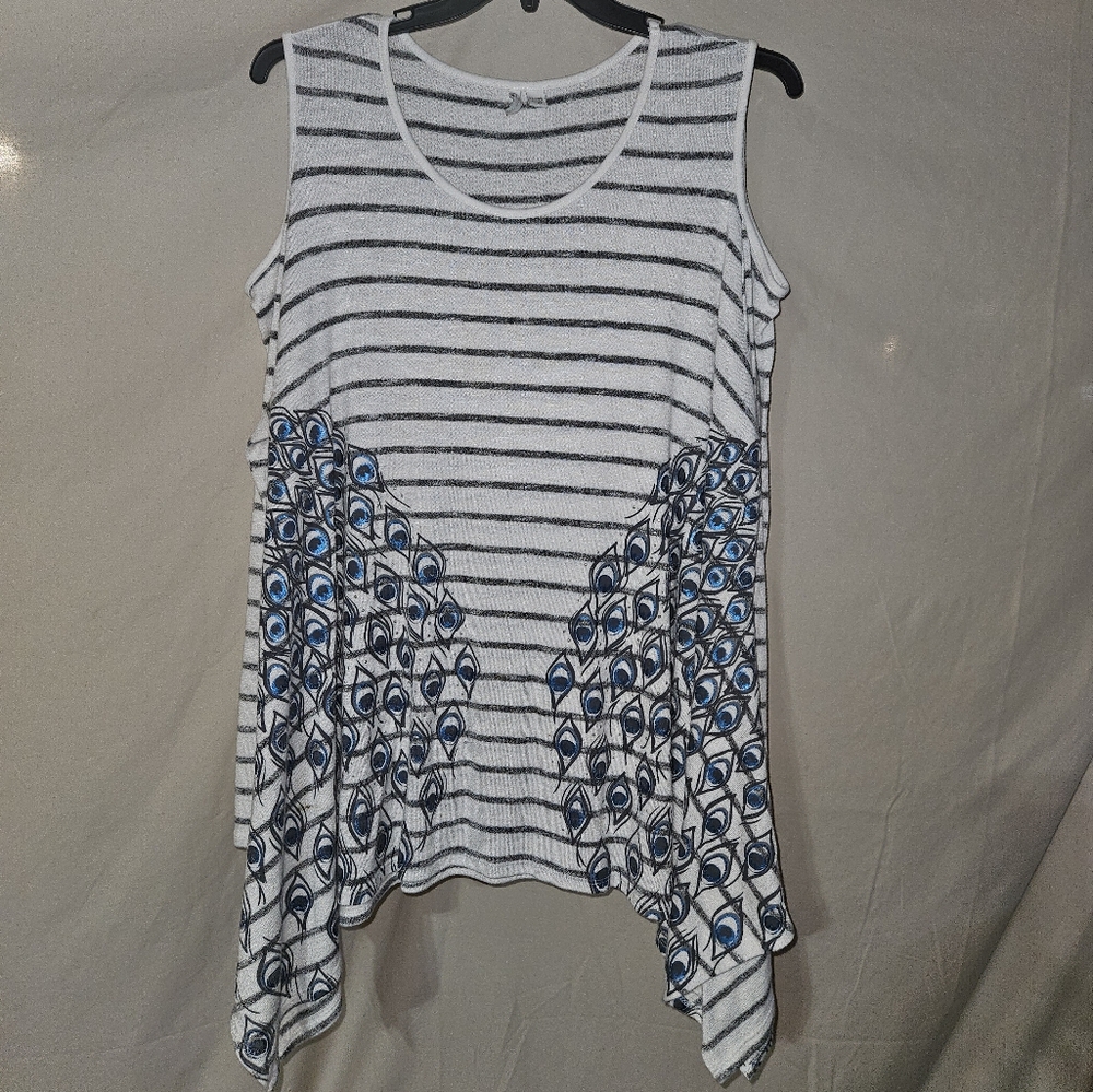Striped Cold Shoulder Top with Blue Peacock Design